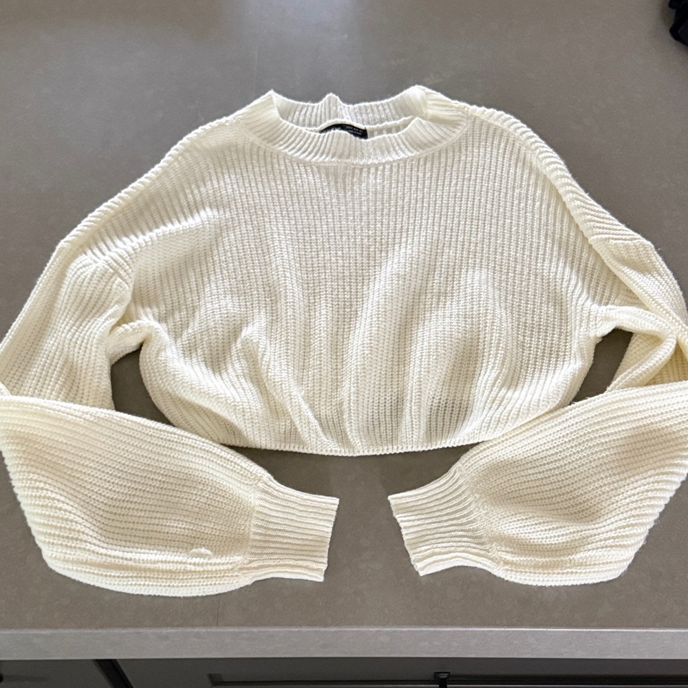 Cream Cropped Knit Sweater